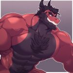  2023 abs anthro beard big_biceps big_deltoids big_pecs black_body black_hair black_scales clothed clothing dragon facial_hair gradient_background hair hi_res jugger_(character) juggermelon looking_aside male multicolored_body multicolored_scales muscular muscular_anthro muscular_male obliques pecs pubes red_body red_scales scales scalie simple_background solo topless two_tone_body two_tone_scales vein veiny_muscles 