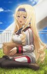  1girl :d black_pantyhose blonde_hair blue_sky breasts cecilia_alcott drill_locks fagi_(kakikaki) grass headband highres infinite_stratos large_breasts long_hair long_sleeves on_ground open_mouth outdoors pantyhose sidelocks sitting sky smile solo wariza 