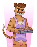  angry angry_eyes anthro apron apron_only beard brown_hair clothing cupcake facial_hair felid flaccid food fur genitals hair hi_res holding_object looking_at_viewer male mammal mostly_nude mustache orange_body orange_fur pantherine penis pink_marky simple_background solo striped_body stripes tail tiger tray 
