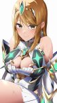  1girl absurdres bare_legs bare_shoulders blonde_hair blush breasts chest_jewel cleavage cleavage_cutout clothing_cutout core_crystal_(xenoblade) dress drop_earrings earrings elbow_gloves glasses gloves highres jewelry large_breasts long_hair mythra_(xenoblade) short_dress simple_background skirt slope_(check238) solo swept_bangs tiara very_long_hair white_background white_dress white_gloves white_skirt xenoblade_chronicles_(series) xenoblade_chronicles_2 yellow_eyes 