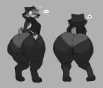  &lt;3 anise_(wonderslug) anthro big_butt blush blush_lines bottom_heavy butt canid canine clothing digitigrade female grey_background greyscale hair hair_over_eye huge_butt looking_at_viewer looking_back mammal monochrome one_eye_obstructed panties pear-shaped_figure shirt simple_background solo t-shirt thick_thighs topwear underwear were werecanid werecanine werewolf wide_eyed wide_hips wonderslug wristband 