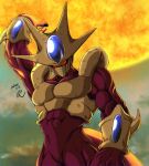  1boy abs arm_up armor artist_name bare_shoulders biceps blue_gemstone bracer breastplate colored_skin commentary_request cooler_(dragon_ball) dragon_ball dragon_ball_z energy energy_ball eyes_in_shadow fifth_form_(dragon_ball) gem glowing glowing_eyes helmet highres looking_at_viewer male_focus mask muscular muscular_male pectorals purple_skin red_eyes seya_(asasei_718) signature solo tail v-shaped_eyebrows 