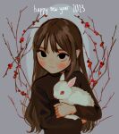  1girl 2023 animal black_eyes brown_hair closed_mouth commentary happy_new_year holding holding_animal io_(onisarashi) long_hair long_sleeves original rabbit solo symbol-only_commentary upper_body 