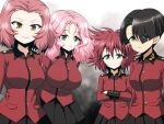  4girls black_hair black_skirt breasts commentary_request cranberry_(girls_und_panzer) crossed_arms epaulettes girls_und_panzer girls_und_panzer_saishuushou green_eyes hair_over_one_eye highres impossible_clothes jacket kamishima_kanon large_breasts long_sleeves looking_at_viewer medium_hair messy_hair multiple_girls partial_commentary peach_(girls_und_panzer) pink_hair pleated_skirt red_hair red_jacket rosehip_(girls_und_panzer) short_hair skirt st._gloriana&#039;s_military_uniform vanilla_(girls_und_panzer) wavy_hair 