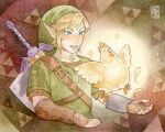 animal blonde_hair blue_eyes blush cucco driftwoodwolf earrings feathers fingerless_gloves gloves glowing hat jewelry link male_focus master_sword open_mouth pointy_ears shield shield_on_back solo teeth the_legend_of_zelda triforce weapon 