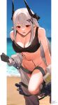  1girl absurdres arknights beach black_gloves black_sports_bra breasts commentary demon_horns ear_piercing gloves hair_ornament highres horns jumpsuit large_breasts long_hair looking_at_viewer mudrock_(arknights) navel no_panties open_mouth oripathy_lesion_(arknights) oxy_(ho2) piercing red_eyes sidelocks solo sports_bra stomach sweat teeth translation_request undressing white_hair white_jumpsuit 