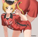  1boy animal_ears ass black_hair blonde_hair cat_boy cat_ears cat_tail clothes_writing haikyuu!! jjw1029 kozume_kenma multicolored_hair pants red_pants red_shirt red_shorts shirt short_sleeves shorts sportswear tail twitter_username volleyball_uniform 