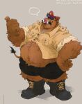  2023 anthro baloo belly big_belly bottomwear brown_body brown_fur chuchowriggle clothing cosplay disney facial_piercing fur hat headgear headwear hi_res male mammal nose_piercing nose_ring overweight overweight_male piercing ring_piercing shirt shorts solo suid suina sus_(pig) talespin the_jungle_book topwear wild_boar 
