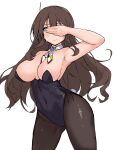 1girl ashigara_(kancolle) black_leotard blush breasts brown_eyes brown_hair bunny_day covered_navel detached_collar embarrassed hairband highres kantai_collection kinakomochi_(testament05) leotard long_hair medium_breasts multicolored_neckerchief pantyhose playboy_bunny solo strapless strapless_leotard wavy_hair white_background white_hairband wrist_cuffs 