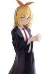  1girl absurdres black_robe blonde_hair collared_shirt hairband highres lemon_irvine long_hair long_sleeves mashle necktie orange_eyes orange_hairband own_hands_together red_necktie robe shirt simple_background solo tanac_mangi white_background wide_sleeves 