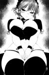  1girl areola_slip blush braid breasts cleavage commentary_request greyscale haseru_(ginku_mh) huge_breasts izayoi_sakuya looking_at_viewer maid_headdress monochrome navel open_mouth panties side_braids solo thighhighs touhou twin_braids underwear wrist_cuffs 
