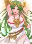  1girl armlet bare_shoulders breasts chain chiton circlet cleavage collarbone dress forehead_jewel gold_chain green_hair highres jewelry kid_icarus kid_icarus_uprising large_breasts long_hair neck_ring p_i_n_o palutena parted_bangs pendant single_thighhigh solo strapless strapless_dress thighhighs tiara vambraces very_long_hair white_dress white_thighhighs 