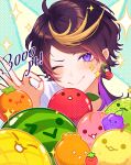  1boy absurdres ahoge apple black_hair blonde_hair blue_background blush cantaloupe cherry closed_mouth commentary eyelashes food fruit grapes halftone hand_up highres long_hair looking_at_viewer male_focus mochigome_(yum) multicolored_hair nijisanji nijisanji_en ok_sign one_eye_closed orange_(fruit) parted_bangs peach persimmon pineapple pink_hair purple_eyes purple_hair shirt shu_yamino sidelocks simple_background smile solo sparkle star_(symbol) strawberry streaked_hair suika_game swept_bangs upper_body v-shaped_eyebrows virtual_youtuber watermelon white_shirt 