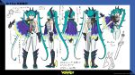  1girl aqua_eyes aqua_hair ariga_hitoshi boots closed_mouth dragon_miku_(project_voltage) gloves hatsune_miku headphones highres holding holding_poke_ball long_hair multiple_views official_art pants poke_ball pokemon project_voltage reference_sheet standing twintails very_long_hair vocaloid 