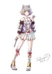  1girl absurdres animal_ear_fluff animal_ears bare_shoulders blush boots braid breasts camisole cleavage closed_mouth collarbone commentary_request dated fingerless_gloves full_body gloves grey_gloves grey_hair grey_jacket highres holding jacket knee_boots long_sleeves looking_at_viewer mio_(xenoblade) off_shoulder open_clothes open_jacket orange_eyes pleated_skirt puffy_long_sleeves puffy_sleeves short_hair signature simple_background skirt small_breasts smile sofusan1526 solo standing white_background white_camisole white_footwear white_skirt xenoblade_chronicles_(series) xenoblade_chronicles_3 