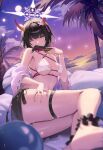  1girl bare_shoulders barefoot bikini black_hair blue_archive blurry blurry_foreground breasts broken_horn closed_mouth depth_of_field fall_(aki) folded_fan folding_fan halo hand_fan highres holding holding_fan horns large_breasts looking_at_viewer niya_(blue_archive) one_eye_closed oni_horns outdoors palm_tree ribbon-trimmed_sleeves ribbon_trim short_hair solo swimsuit thigh_strap tree white_bikini white_sleeves wide_sleeves yellow_eyes 