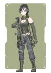  1girl absurdres angry assault_rifle bandana black_hair blue_eyes border breasts camouflage commission detached_sleeves fingerless_gloves glasses gloves green_background green_bandana green_gloves green_sleeves green_tank_top grey_pants gun h&amp;k_hk416 highres looking_at_viewer optical_sight original pants rifle shotgun_shell solo srtdrawart stomach tank_top vertical_foregrip weapon white_border woodland_camouflage 