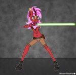  absurd_res accessory anthro armwear asian_mythology belt blossomblaze boots chinese_mythology clothing east_asian_mythology equid equine fan_character female footwear freckles hasbro hi_res horn horse humanoid jedi kirin lightsaber mammal melee_weapon my_little_pony mythology pony pose scales solo spread_legs spreading star_wars weapon weapon_on_shoulder 