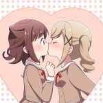  2girls bang_dream! blonde_hair brown_dress brown_hair closed_eyes dress hair_ears hanasakigawa_school_uniform heart_frame highres ichigaya_arisa kiss multiple_girls neck_ribbon purple_eyes red_ribbon ribbon sailor_collar school_uniform starry_background surprise_kiss surprised toyama_kasumi vector_(dmlddmld00) white_sailor_collar yuri 