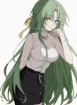  1girl arm_behind_back black_skirt breasts closed_mouth cowboy_shot eyes_visible_through_hair green_eyes green_hair hair_ribbon half_updo highres higurashi_no_naku_koro_ni large_breasts long_hair looking_at_viewer parted_bangs pencil_skirt ribbed_sweater ribbon seina1211 simple_background skirt sleeveless sleeveless_sweater smile solo sonozaki_shion sweater sweater_tucked_in turtleneck turtleneck_sweater twitter_username white_sweater yellow_ribbon 