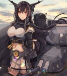  1girl black_cape black_gloves black_hair cannon cape commentary_request cowboy_shot elbow_gloves fingerless_gloves gloves headgear highres kantai_collection kasumi_(skchkko) long_hair looking_at_viewer machinery miniskirt nagato_(kancolle) nagato_kai_ni_(kancolle) pleated_skirt reaching_towards_viewer red_eyes simple_background skirt solo standing textless_version thighhighs turret white_background 