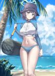  1girl absurdres bag beach bikini bikini_bottom_only blue_archive blue_sky breasts bucket_hat cloud day duffel_bag halo hat highres holding holding_bag large_breasts looking_at_viewer navel ocean outdoors palm_tree purple_hair rash_guard saki_(blue_archive) saki_(swimsuit)_(blue_archive) short_hair sky solo stomach sukuarosa swimsuit thighs tree 