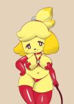  animal_crossing anthro armwear big_breasts breasts canid canine canis clothing domestic_dog elbow_gloves female gloves hand_on_hip handwear harness huge_breasts isabelle_(animal_crossing) legwear mammal nintendo nipple_tape panties pasties simple_background smile solo tape thigh_highs underwear vono whip 