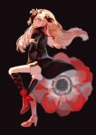  1girl anemone_(flower) asymmetrical_footwear asymmetrical_legwear black_background black_coat black_flower black_gloves boots coat commentary_request expressionless fingerless_gloves floating_hair flower full_body gloves grey_hair hair_flower hair_ornament hair_over_one_eye high_heel_boots high_heels highres isekai_joucho kamitsubaki_studio long_hair looking_at_viewer multicolored_hair poppy_(haraheri_0011) red_footwear red_hair shorts simple_background single_fingerless_glove solo two-tone_hair virtual_youtuber white_eyes white_shorts 