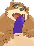  2023 anthro bear blush brown_body brown_fur duo eggplant eyewear food food_fetish fruit fur glasses hi_res humanoid_hands kemono lifewonders male mammal navel overweight overweight_male panthera7uncia plant simple_background solo_focus suggestive suggestive_food tokyo_afterschool_summoners volos 