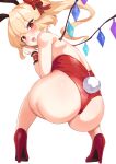  1girl alternate_costume amano_hagoromo animal_ears ass bare_legs blonde_hair blush crystal_wings fake_animal_ears fake_tail flandre_scarlet high_heels highres leotard looking_at_viewer looking_back playboy_bunny rabbit_ears rabbit_tail red_eyes red_footwear red_leotard side_ponytail simple_background smile solo squatting strapless strapless_leotard tail touhou white_background 