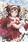  1girl adamosina belt blue_eyes brown_hair capelet double_bun fur-trimmed_gloves fur_trim gloves hair_bun hat holding holding_sack looking_at_viewer official_alternate_costume pine_tree pokemon pokemon_masters_ex rosa_(holiday_2019)_(pokemon) rosa_(pokemon) sack santa_hat solo sparkle tree 