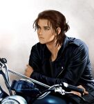  1boy biker biker_clothes brown_hair eren_yeager green_eyes handlebar jacket jyundee leather leather_jacket long_sleeves looking_to_the_side male_focus medium_hair motor_vehicle motorcycle realistic shingeki_no_kyojin sitting 