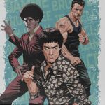  3boys afro american_flag american_flag_print black_hair black_shirt bruce_lee character_request clenched_hands crew_cut dark-skinned_male dark_skin english_commentary english_text enter_the_dragon facial_hair fighting_stance flag_print highres jean-claude_van_damme jim_kelly long_sleeves looking_at_viewer male_focus martial_arts multiple_boys muscular muscular_male open_mouth real_life seung_eun_kim shirt short_hair shoulder_tattoo tank_top tattoo watch western_comics_(style) wristwatch 