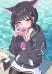  1girl absurdres animal_ears black_choker black_hair black_hoodie black_pantyhose black_skin blue_archive blunt_bangs blush bocchi_(kuropom7) cat_ears choker collarbone colored_skin commentary_request doughnut food french_cruller hair_ornament hairclip halo hands_up highres holding holding_food hood hood_down hoodie kazusa_(blue_archive) long_sleeves looking_at_viewer neckerchief pantyhose pink_eyes pink_hair pink_neckerchief pleated_skirt purple_halo short_hair sitting skirt solo water 