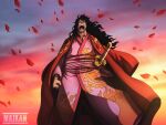  1boy absurdres artist_name black_hair clenched_hand falling_petals highres holding holding_sword holding_weapon japanese_clothes katana long_hair majkan male_focus momonosuke_(one_piece) moon_(symbol) one_piece open_mouth petals signature solo sword weapon 