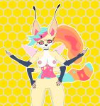  absurd_res anthro canid canid_demon canine choker demon febuso female fox genitals hellhound helluva_boss hi_res jewelry mammal necklace pink_eyes pussy queen_bee-lzebub_(helluva_boss) solo yellow_sclera 
