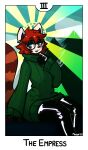  2023 5_fingers ailurid anthro blue_eyes breasts brown_nose card clothing cloud detailed_background english_text eyewear female fingers fur glasses gloves handwear hi_res light light_beam lips liz_(mewgle) looking_at_viewer major_arcana mammal mewgle plant pupils red_body red_fur red_panda roman_numeral solo sunbeam sunlight sweater tarot_card text the_empress_(tarot) topwear tree white_body white_fur white_pupils 
