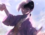  1boy asagiri_gen black_hair cowboy_shot day dr._stone falling_petals grin hands_up highres jacket long_sleeves looking_at_viewer male_focus multicolored_hair outdoors petals purple_eyes purple_jacket scar scar_on_face shirt short_hair smile solo standing teeth tsurime two-tone_hair white_hair white_shirt wide_sleeves yu_(zatta13chan) 