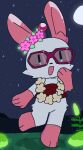  anthro feet female flower flower_collar_tag glowing glowing_flower lagomorph leporid lollo mammal night pink_ears pink_feet pink_hands plant rabbit remloww solo star_communicator 