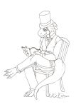  2012 anthro bottomwear bow_tie chair claws clothed clothing epicwang eyewear fully_clothed furniture furx_(character) happy hat headgear headwear line_art lizard male monocle narrowed_eyes pants reptile scalie shirt signature simple_background sitting smile solo top_hat topwear vest white_background 