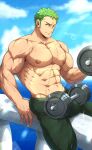  1boy abs absurdres bara bulge cloud day dumbbell exercise green_hair green_pants highres kuroshinki large_pectorals male_focus muscular muscular_male navel nipples one_eye_closed one_piece outdoors paid_reward_available pants pectorals roronoa_zoro scar scar_across_eye scar_on_chest scar_on_face short_hair sky solo topless_male weightlifting 