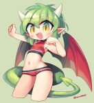  1girl alternate_costume bikini breasts cowboy_shot crop_top draco_centauros dragon_girl dragon_horns dragon_tail dragon_wings fangs green_hair green_tail groin halterneck highres horns looking_at_viewer lowleg lowleg_bikini nanatsuta navel pointy_ears puyopuyo red_bikini red_wings short_hair small_breasts solo swimsuit tail wings yellow_eyes 