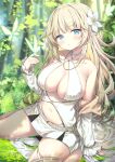  1girl blonde_hair blue_eyes breasts bug butterfly center_opening elf flower hair_flower hair_ornament highres long_hair looking_at_viewer medium_breasts microskirt nature off_shoulder original pointy_ears sitting skirt solo topia wariza 