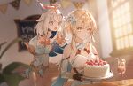  2girls bare_shoulders blonde_hair breasts cake cleavage cup detached_sleeves dress drinking_glass drinking_straw food fruit genshin_impact halo happy_birthday hat holding holding_cake holding_food indoors lemon lemon_slice looking_at_another lumine_(genshin_impact) multiple_girls open_mouth paimon_(genshin_impact) party_hat shioha teeth upper_teeth_only 