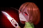  1other androgynous black_background bob_cut brown_hair chara_(undertale) close-up commentary constricted_pupils english_commentary evil_smile eyelashes from_side glowing glowing_eyes gradient_background green_sweater hair_between_eyes holding holding_knife holding_weapon knife long_sleeves looking_at_viewer looking_to_the_side loose_hair_strand motion_lines number_background parted_lips red_background red_eyes shaded_face shadow short_hair smile solo spoilers sweater turtleneck turtleneck_sweater undertale weapon yuupontan. 
