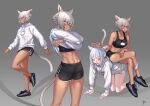  2girls absurdres all_fours alternate_costume animal_ears annoyed arms_at_sides arms_up artist_name bare_legs blood blush braid breasts cat_ears cat_girl cat_tail clothes_lift collarbone crossed_legs dark-skinned_female dark_skin drawstring final_fantasy final_fantasy_xiv glasses grey_hair highres hjz_(artemi) hood hood_down hoodie hoodie_lift legs_apart lifted_by_self linea_alba lips long_hair long_sleeves looking_at_another miqo&#039;te multiple_girls multiple_views navel neck_tattoo nosebleed pale_skin parted_lips shoes short_hair shorts sitting sitting_on_person smile sports_bra sportswear standing stomach sweat tail tattoo twin_braids undressing v-shaped_eyebrows walking warrior_of_light_(ff14) y&#039;shtola_rhul yuri 