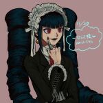  1girl black_hair black_jacket black_lips blunt_bangs celestia_ludenberg center_frills danganronpa:_trigger_happy_havoc danganronpa_(series) dated drill_hair earrings frills grey_background headdress highres jacket jewelry kibo_onken-ha necktie red_eyes red_necktie simple_background smile solo translation_request twin_drills twintails upper_body 