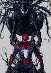  1boy absurdres alien bodysuit highres looking_at_viewer mask red_bodysuit red_suit rxzarx seiza signature simple_background sitting spider-man suit symbiote venom_(marvel) 