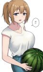  1girl :d blue_eyes breasts brown_hair cleavage collarbone commentary_request denim food fruit half-closed_eyes hashi holding holding_food jeans large_breasts looking_at_viewer open_mouth original pants ponytail shirt short_sleeves sideways_glance simple_background smile solo speech_bubble standing translation_request upper_body watermelon white_background 