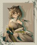  0_(znanimo) 1girl arknights breasts brown_hair brown_shirt coat fingerless_gloves glasses gloves green_gloves highres id_card looking_at_viewer off_shoulder open_clothes open_coat owl_ears rhine_lab_logo shirt silence_(arknights) small_breasts solo white_coat yellow_eyes 